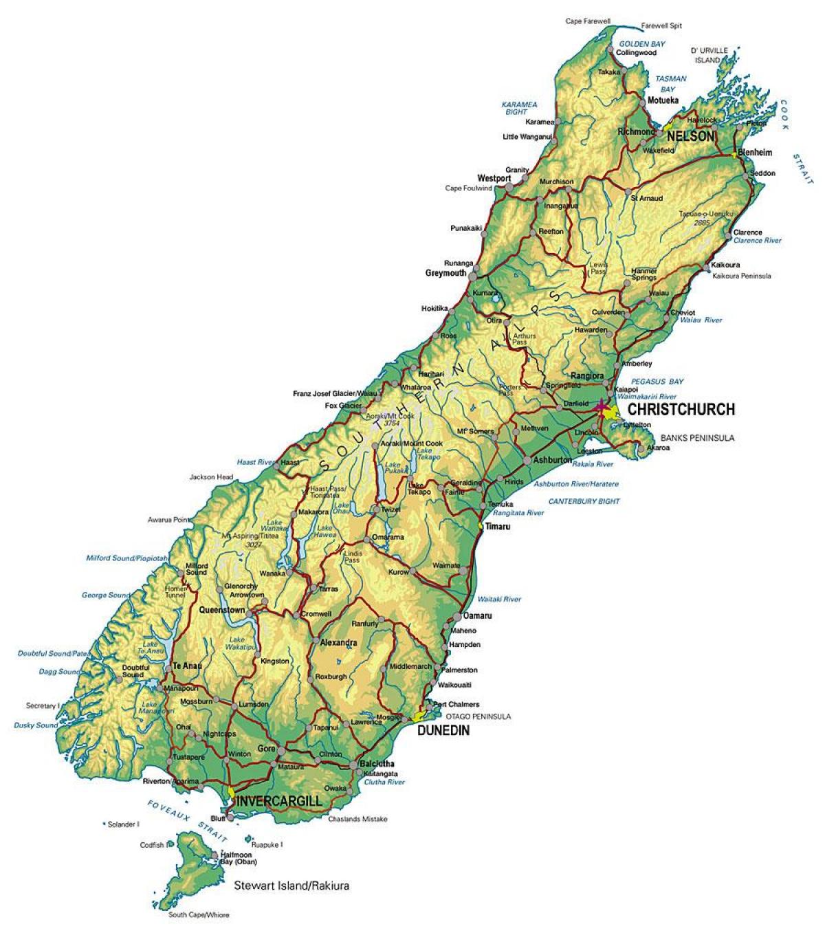 zemljevid južne nova zelandija