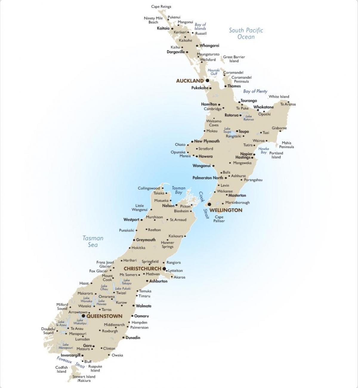 zemljevid nove zelandije s večjih mestih