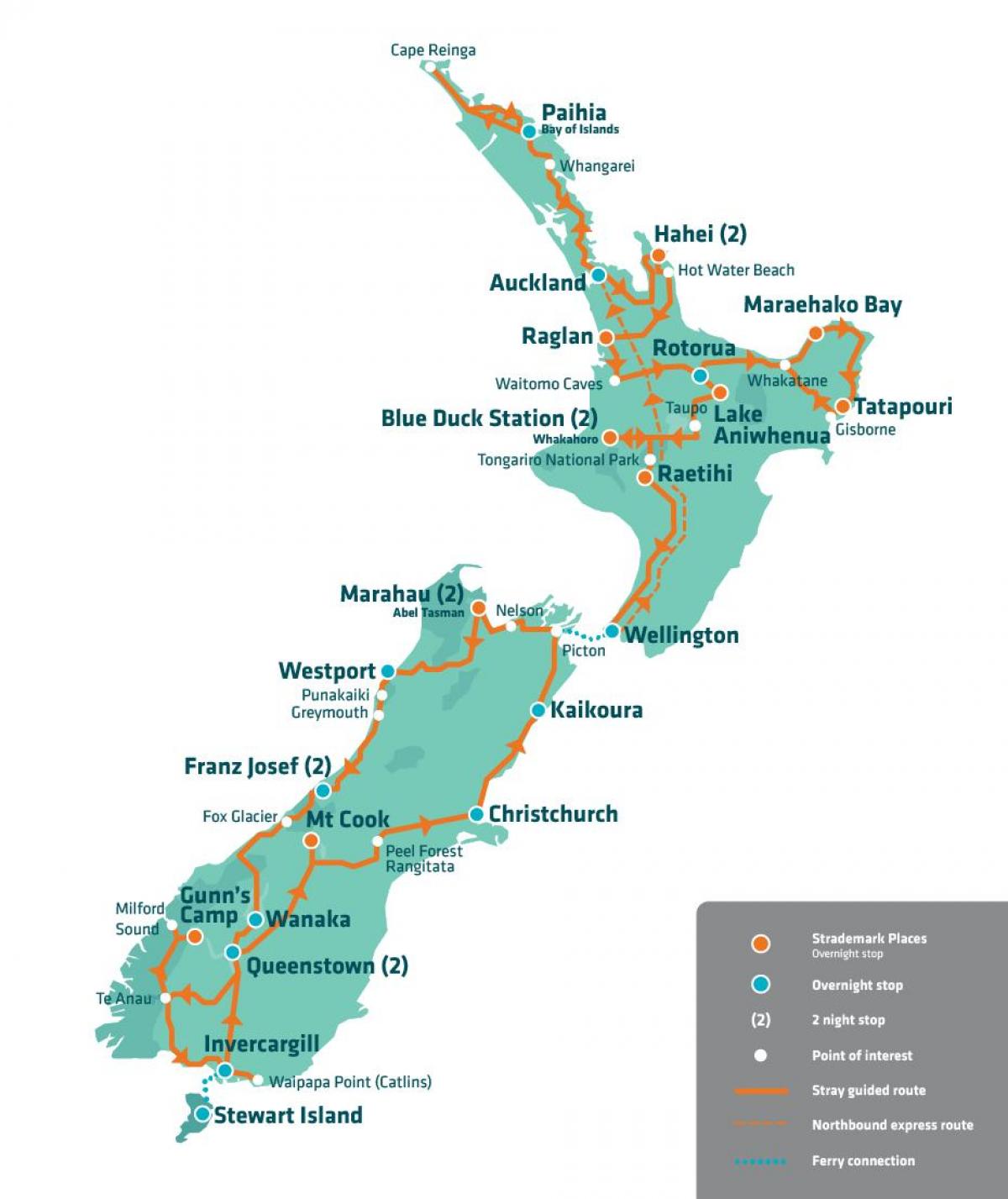 nova zelandija turističnih znamenitosti na zemljevidu